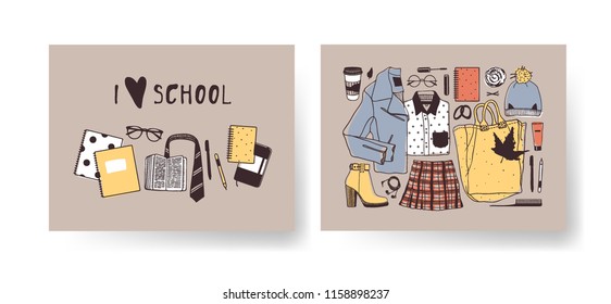 Set of Season Cards with School things. Hand drawn Autumn illustrations. Creative ink art work. Actual vector Drawing stationery