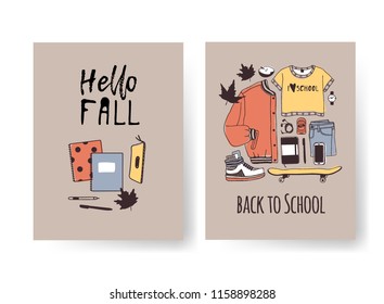Set of Season Cards with School things. Hand drawn Autumn illustrations. Creative ink art work. Actual vector Drawing stationery