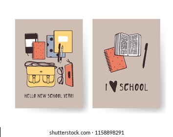 Set of Season Cards with School things. Hand drawn Autumn illustrations. Creative ink art work. Actual vector Drawing stationery
