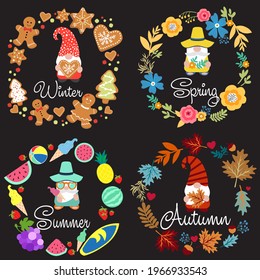 Set of season decoration branch with gnomes. Vector art illustration