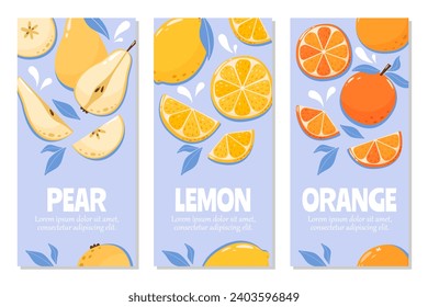 Un juego de folletos de fruta de temporada. Naranja, limón, pera con espacio para texto. Ilustración vectorial de verano en estilo plano de caricatura. Cartel, afiche, historias, portada