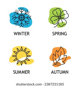 Un conjunto de ilustraciones vectoriales de iconos de temporada. Cuatro estaciones en un entorno aislado. Invierno, primavera, otoño, concepto de signos de verano.