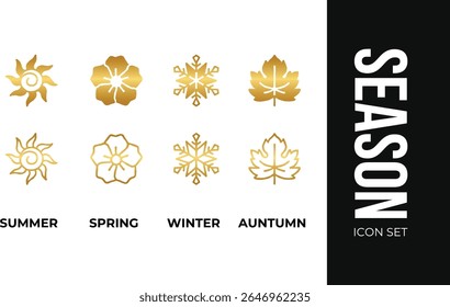 Set of season icon, winter spring summer autumn illustration in gold luxury style hand drawn