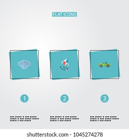 Set of season icons flat style symbols with shell, kite, cabriolet and other icons for your web mobile app logo design.