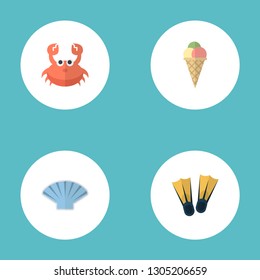 Set of season icons flat style symbols with ice cream, flippers, crab and other icons for your web mobile app logo design.