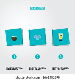 Set of season icons flat style symbols with shell, coconut drink, sunscreen and other icons for your web mobile app logo design.