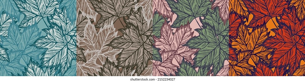 Set season leaves maple engraved seamless pattern. Botanical background with canadian foliage in hand drawn style. Vector repeated design texture for print, fabric, wrapping, wallpaper, tissue.