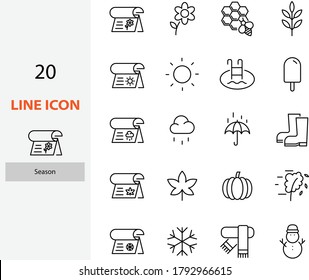 set of season thin line icons, winter, rainny, summer, autumn, spring