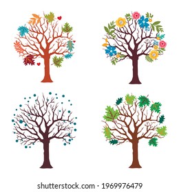 Set of season trees with leaves, flowers, snow. Vector illustration