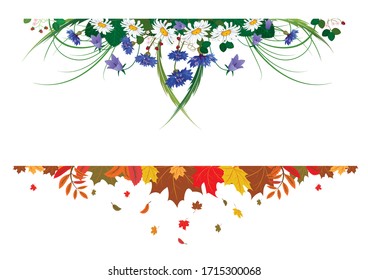 Set of season vector dividers with summer wild flowers and autumnal leaves
