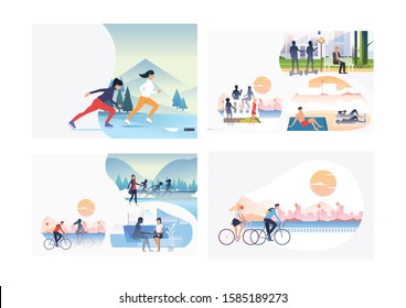 Set of seasonal activities illustrations. Flat vector illustrations of people skating on ice, resting on beach. Activity concept for banner, website design or landing web page