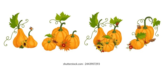 Set of seasonal, autumn compositions with ripe pumpkins, sunflowers and butterflies.Vector graphics.