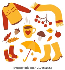 Conjunto de elementos vectoriales estacionales de otoño en diseño plano aislado sobre fondo blanco. Símbolo de octubre