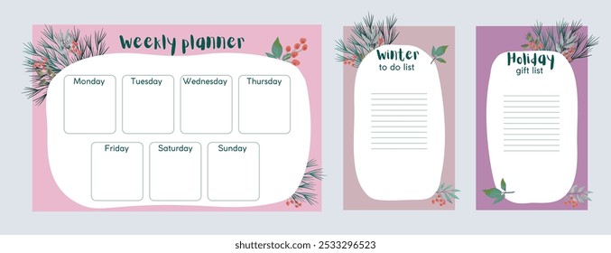 Set of seasonal autumn, winter printable pages, Christmas wish list,Christmas menu, to do list, to buy. Vector illustration, hand drawn plant elements