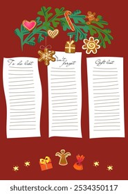 Set of seasonal autumn, winter printable pages, Christmas wish list,Christmas menu, to do list, to buy. Vector illustration, hand drawn plant elements