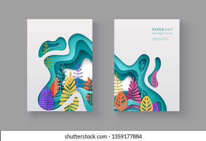 Set of seasonal banners with layered shapes and colorful leaves in paper cut style. The color palette is suitable for spring, summer, autumn. Effect of 3D in papercraft art. A4 size, vector