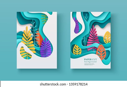 Banners de temporada con formas en capas y hojas coloridas en estilo de corte de papel. La paleta de colores es adecuada para primavera, verano y otoño. Efecto del 3D en el arte de la papelería, tamaño A4, vector