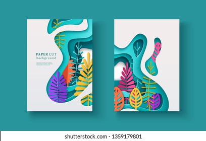 Banners de temporada con formas en capas y hojas coloridas en estilo de corte de papel. La paleta de colores es adecuada para primavera, verano y otoño. Efecto del 3D en el arte de la papelería, tamaño A4, vector