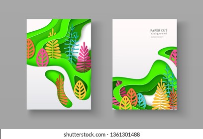Set of seasonal banners with layered shapes and colorful leaves in paper cut style. The color palette is suitable for spring, summer, autumn. Effect of 3D in papercraft art. A4 size, vector