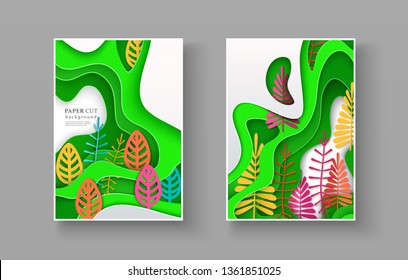 Set of seasonal banners with layered shapes and colorful leaves in paper cut style. The color palette is suitable for spring, summer, autumn. Effect of 3D in papercraft art. A4 size, vector