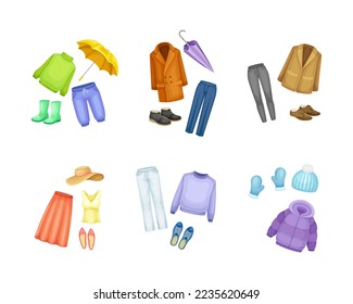 Set of seasonal clothes. Female wardrobe for autumn, winter and summer season cartoon vector illustration