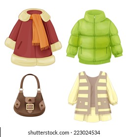 set of seasonal clothes for girls. Coat, dress, padded parka and bag.