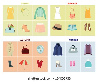 set of seasonal clothes for woman. Vector illustration. 