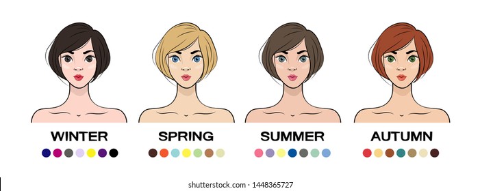 Set of Seasonal color types for women skin beauty with relevant colors. Summer, Autumn, Winter, Spring. Vector illustration