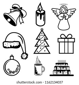 Set of Seasonal Decorative Elements for Web Design. Monochrome Retro Icons for New Year & Christmas Celebrations. Vector Illustration