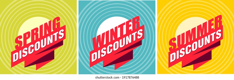 Set of seasonal discount tags or promo labels for discounts advertising in different colors