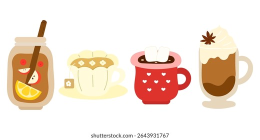 set of seasonal drinks with apple cider, chamomile tea, chocolate marshmallow and latte