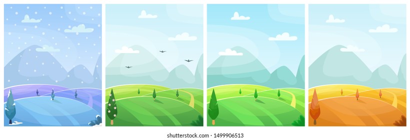 Set of seasonal flat vector cartoon landscape. Fields with trees and mountains in the background.