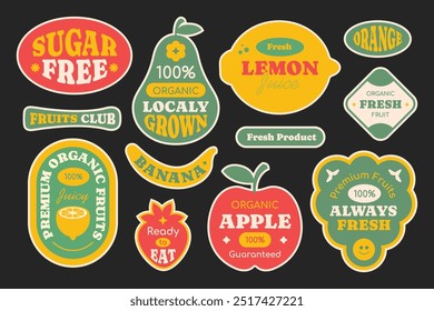 Set of seasonal fruits collection. Different phrases and words. Colorful stickers, patch, badge, pin of various fruits.