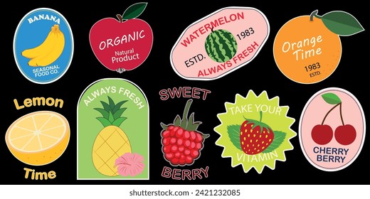 Conjunto de etiquetas de fruta de temporada pegatinas y plantilla de marcas o insignias para el embalaje. La melón de plátano de fresa de cerezo, slogan, citas y otros elementos. Paquete de emoticones con bayas de fruta.