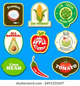 Set of seasonal fruits and vegetables stickers and marks or badges template for packaging. Vector illustration EPS10.