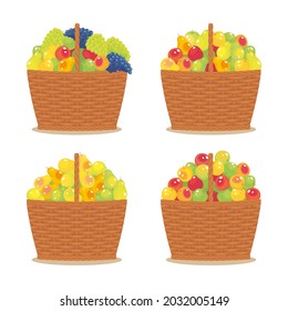 Set of seasonal fruits in wickery baskets: apples, pears, grapes. Fresh farming eco product. Vector food illustration, isolated, cartoon. Icons, simbol, object, design element for lable, packaging