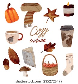 Set of seasonal hand drawn vector illustrations. Watercolor Autumn illustrations. Halloween. Fall leaves, acorns, basket with apples, scarf, book. Collection of autumn  illustrations isolated on white