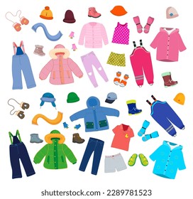 Set saisonale Kinderbekleidung einzeln auf weißem Hintergrund. Puffer-Jacke, Hose, Hemd, Schuhkinderoutfits. Baby saisonalen Winter, Frühling, Sommer Kleidung bunte Sammlung. Vektorgrafik