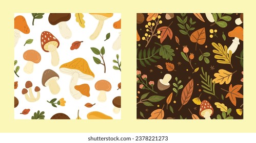 Set of seasonal mushrooms seamless pattern with flowers and leaves elements. Natural flat vector illustration for background, textile print, wallpaper, texture, backdrop, wrapping paper