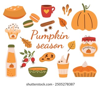 Set of seasonal pumpkin dishes, coffee, latte, pie, soup, smoothie. Vector illustration of pumpkin harvest. Autumn food and hot drinks. Dishes for cozy autumn on white background