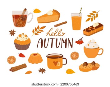 Set of seasonal pumpkin spices, pie, latte, food and drink hand drawn vector illustration. Collection of autumn sweet cake or pastries, hot drinks, fruit tea, cappuccino, juice isolated on white backg