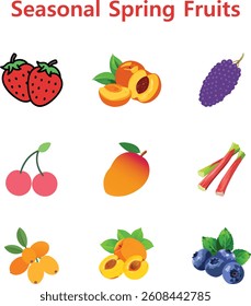 Set of Seasonal Spring Fruits Icons Fresh Colorful Vector Collection