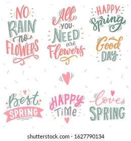 Set of seasonal spring hand drawn lettering phrases for print, banner, decor. Modern spring typography.