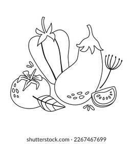 Set of seasonal vegetables. Vector doodle composition on white background. Coloring for kids.