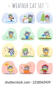 Set of seasonal weather posters with cute gray cat, kitty on a background of colored spots. Winter, summer, spring, autumn. Vector illustration for postcard, banner, web, design, arts, calendar.