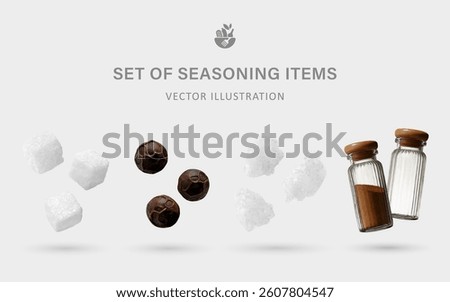 A Set of Seasoning 3D Vector Items: Sugar, Pepper, Salt, Spice Bottle