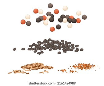 Set of seasoning with black pepper nutmeg poppy seeds powder package vector illustration on white background