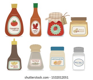 Conjunto de ilustraciones vectoriales de botellas de condimentación aisladas en fondo blanco. ketchup de tomate, salsa de ají, mermelada de fresa, mantequilla de cacahuate, salsa de soja, pimienta, mayonesa, sal marina. 