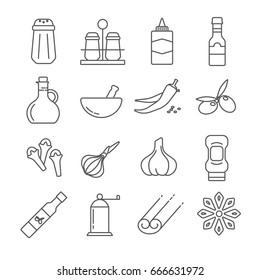 Set of seasoning and spices Related Vector Line Icons. Contains such icon as spice, herb, seasoning,garlic, pepper, cloves, salt, olive oil, cinnamon, coriander, olives