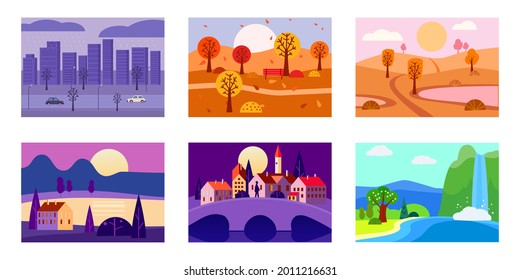 Set of seasons landscapes winter, spring, summer, autumn. Rural, mountaines, field, city, sea, snow, hot, rain, night. Vector minimalistic flat illustration
